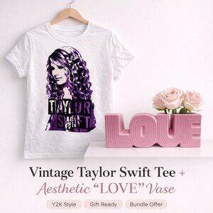 Taylor Swift Vintage Tee Y2K Aesthetic White Shirt + Ceramic LOVE Vase